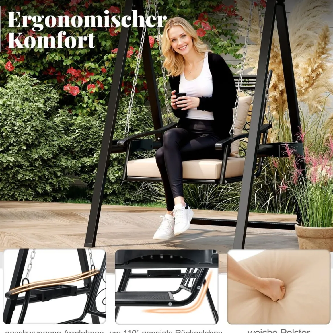 Outdoor-Schaukel mit Gestell Terrassenschaukel mit Kissen & Seitentischen für Garten Schwarz