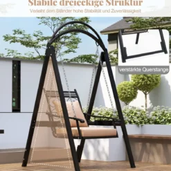 Outdoor-Schaukel mit Gestell Terrassenschaukel mit Kissen & Seitentischen für Garten ﻿Schwarz