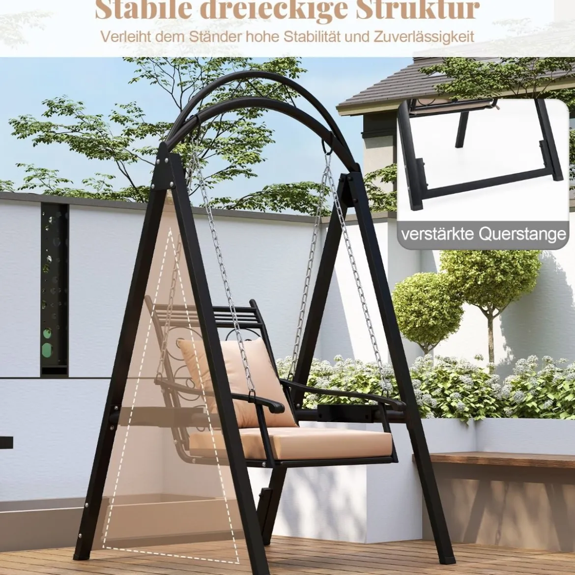Outdoor-Schaukel mit Gestell Terrassenschaukel mit Kissen & Seitentischen für Garten Schwarz