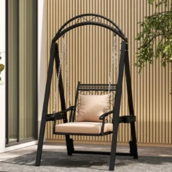 Outdoor-Schaukel mit Gestell Terrassenschaukel mit Kissen & Seitentischen für Garten Schwarz