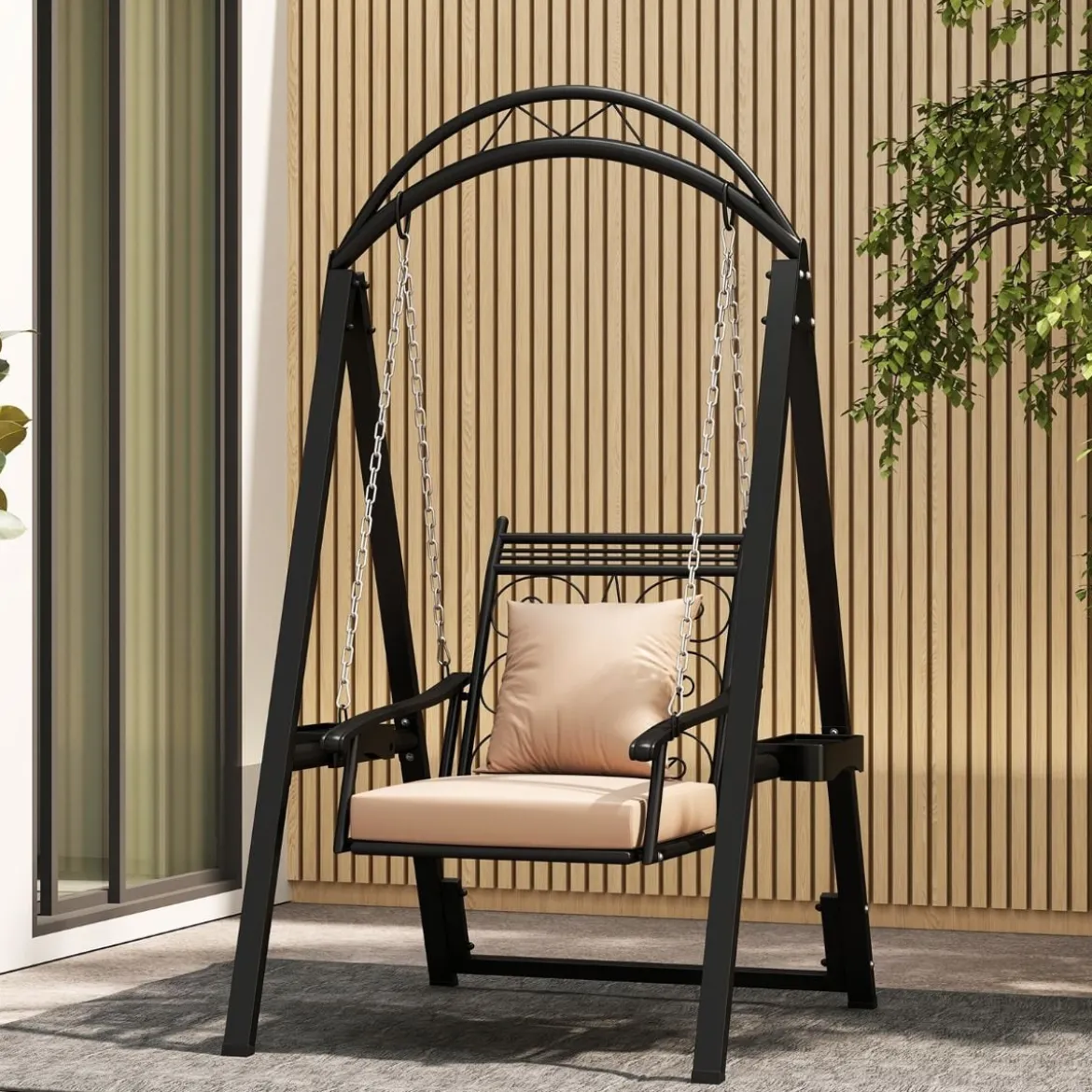 Outdoor-Schaukel mit Gestell Terrassenschaukel mit Kissen & Seitentischen für Garten Schwarz