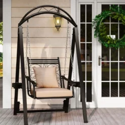 Outdoor-Schaukel mit Gestell Terrassenschaukel mit Kissen & Seitentischen für Garten Schwarz