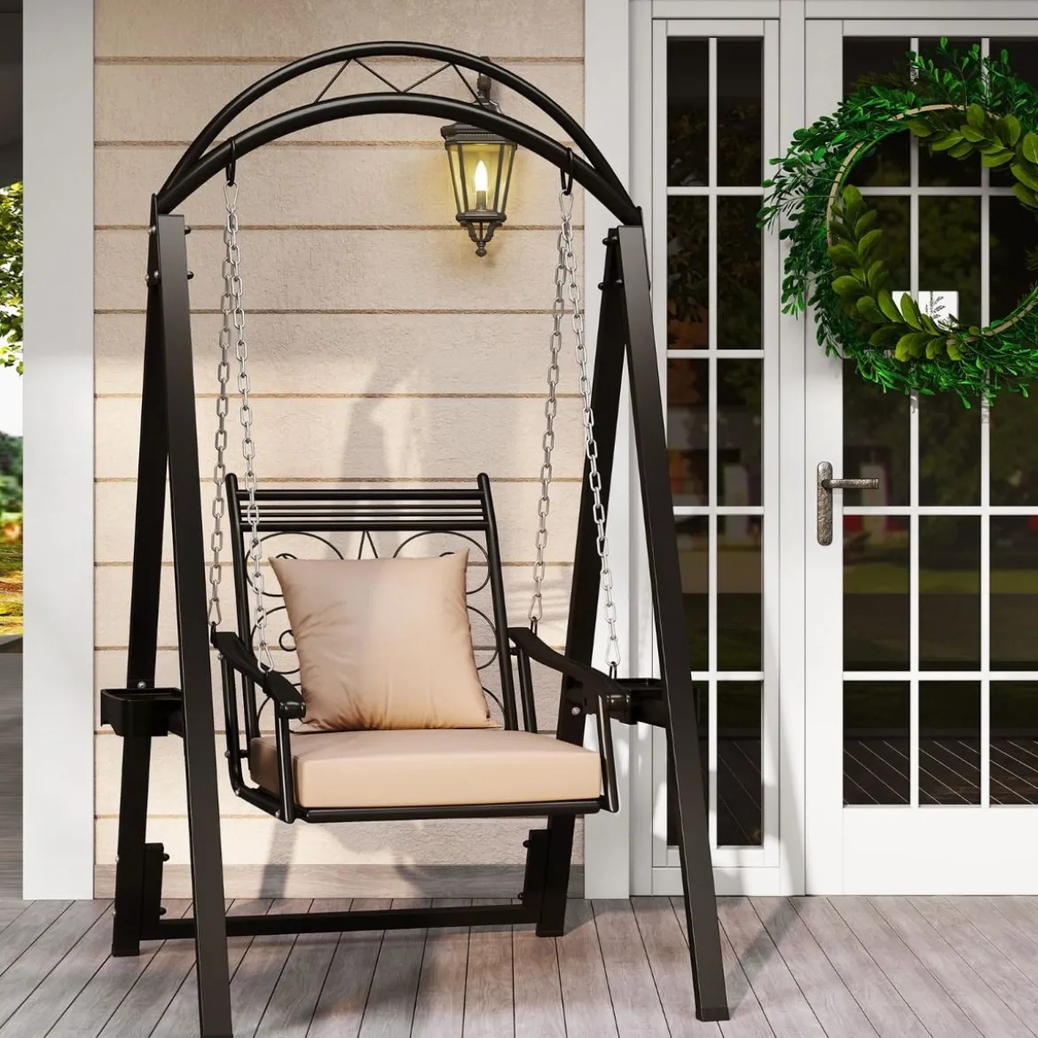 Outdoor-Schaukel mit Gestell Terrassenschaukel mit Kissen & Seitentischen für Garten Schwarz