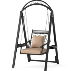 Outdoor-Schaukel mit Gestell Terrassenschaukel mit Kissen & Seitentischen für Garten Schwarz