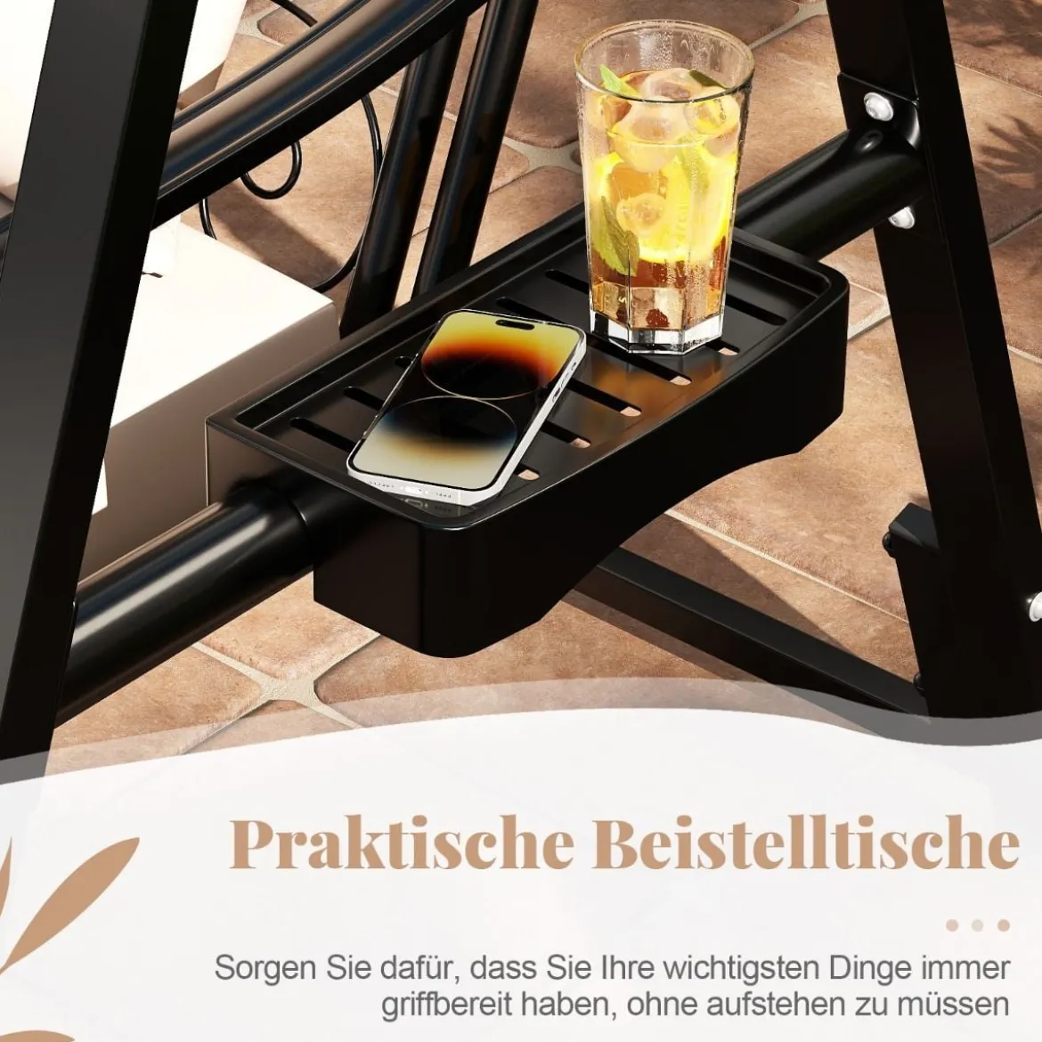 Outdoor-Schaukel mit Gestell Terrassenschaukel mit Kissen & Seitentischen für Garten Schwarz