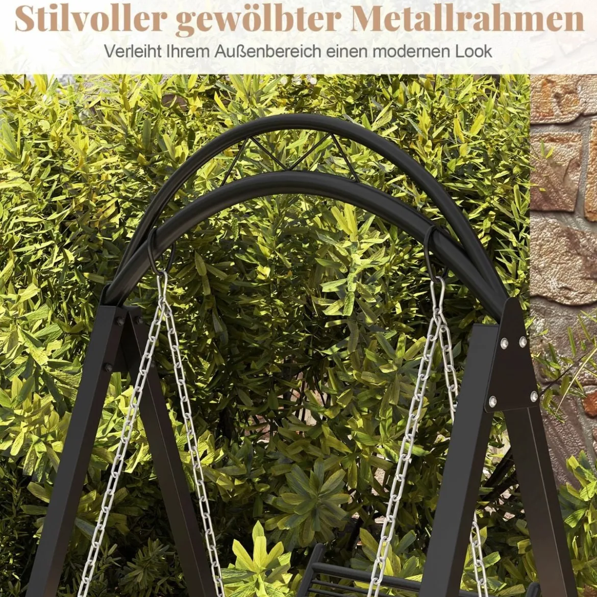 Outdoor-Schaukel mit Gestell Terrassenschaukel mit Kissen & Seitentischen für Garten Schwarz
