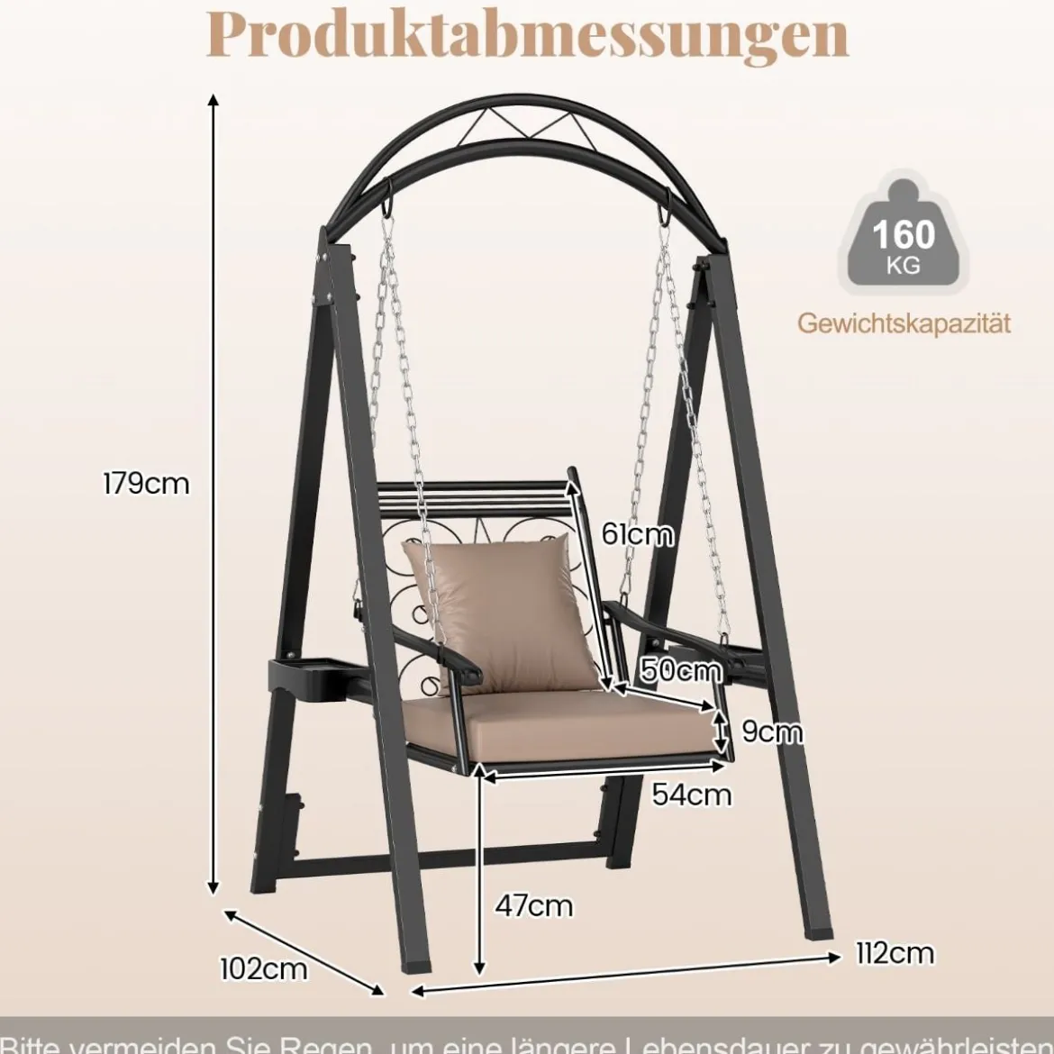 Outdoor-Schaukel mit Gestell Terrassenschaukel mit Kissen & Seitentischen für Garten Schwarz