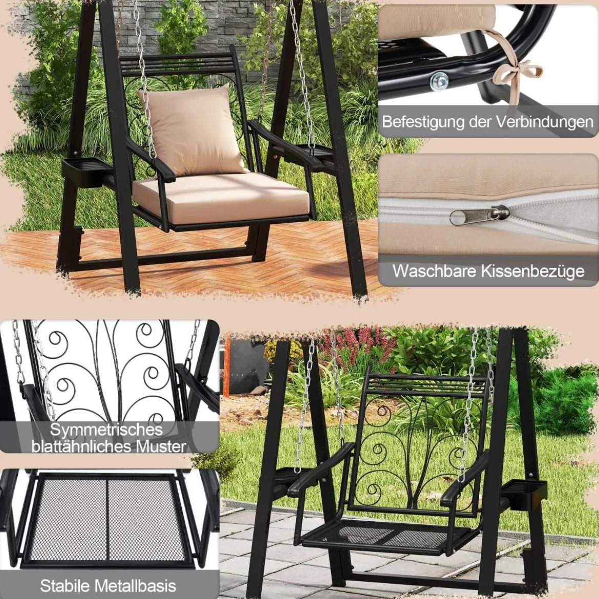 Outdoor-Schaukel mit Gestell Terrassenschaukel mit Kissen & Seitentischen für Garten Schwarz