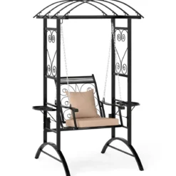 Outdoor-Schaukel mit Gestell & 2 Rankgittern & Kissen & Seitentischen Terrassenschaukel