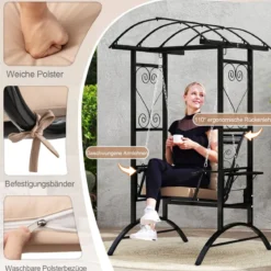 Outdoor-Schaukel mit Gestell & 2 Rankgittern & Kissen & Seitentischen Terrassenschaukel
