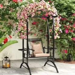 Outdoor-Schaukel mit Gestell & 2 Rankgittern & Kissen & Seitentischen Terrassenschaukel