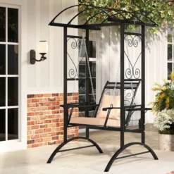 Outdoor-Schaukel mit Gestell & 2 Rankgittern & Kissen & Seitentischen Terrassenschaukel