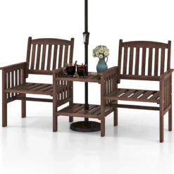 Outdoor-Sofa aus Tannenholz mit 2-stufigem Beistelltisch + 5 cm großem Schirmloch 2-Sitzer-Gartenstuhl Braun