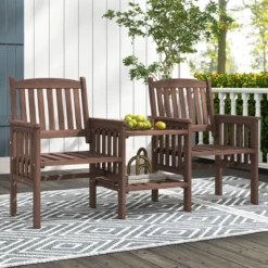 Outdoor-Sofa aus Tannenholz mit 2-stufigem Beistelltisch + 5 cm großem Schirmloch 2-Sitzer-Gartenstuhl Braun