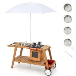 Outdoor-Spielzeugtrolley für Kinder Holzspielzeugwagen mit Sonnenschirm Natur