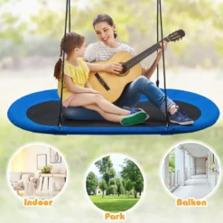 Ovale Schaukel Baumschaukel mit 100-160cm verstellbarer Höhe & mehrlagigem Seil für Kinder & Erwachsene Blau