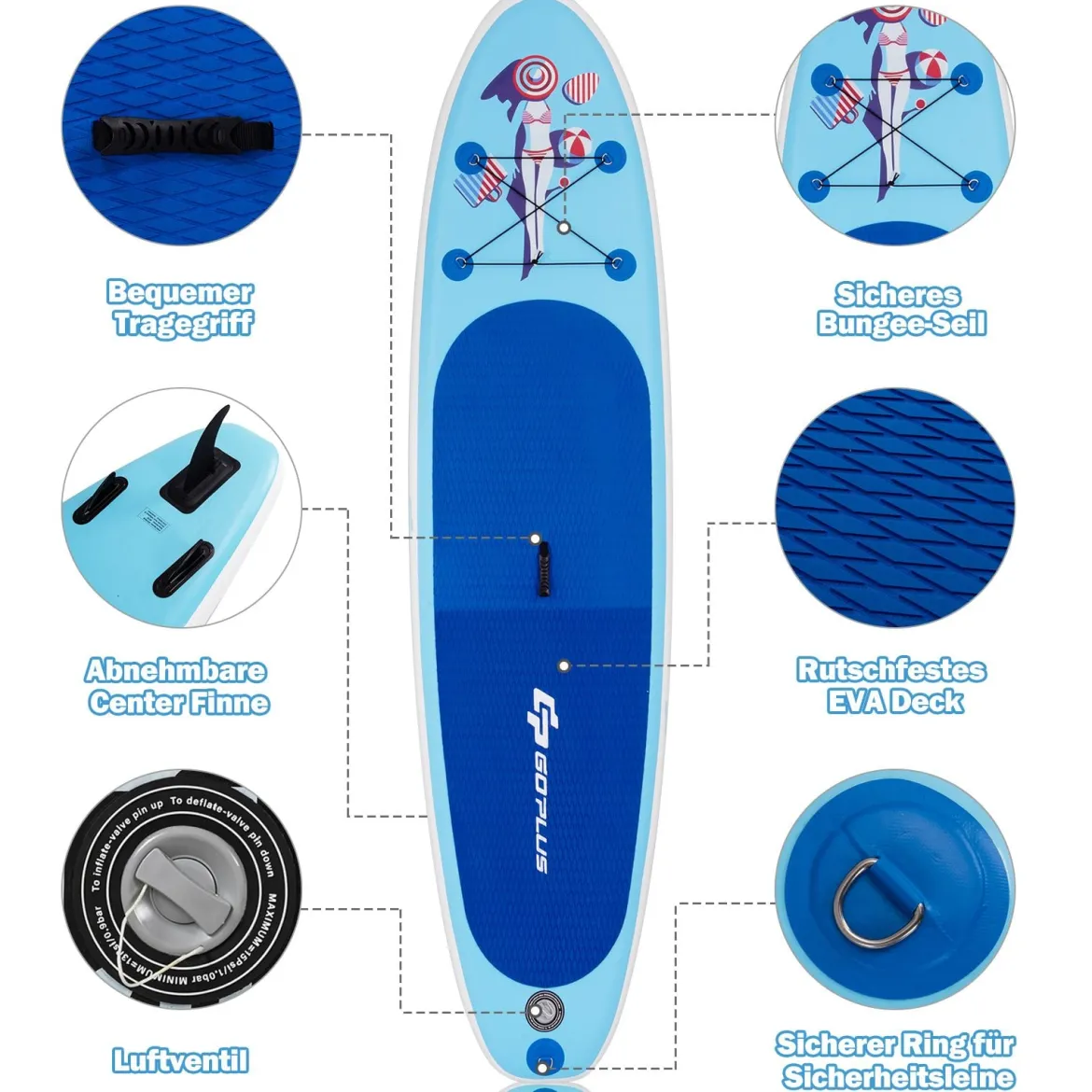 Paddleboard Set Aufblasbares Paddlebrett Surfboard Blau 305 x 76 x 15 cm