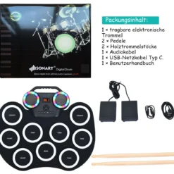 9 Pads E-Drum mit LEDs & Bluetooth inkl. Pedale und Drumsticksfür Kinder und Anfänger