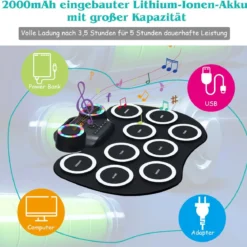 9 Pads E-Drum mit LEDs & Bluetooth inkl. Pedale und Drumsticksfür Kinder und Anfänger