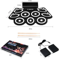 9 Pads E-Drum Roll-Up-Trommel inkl. Pedale & Drumsticks für Kinder und Anfänger Schwarz