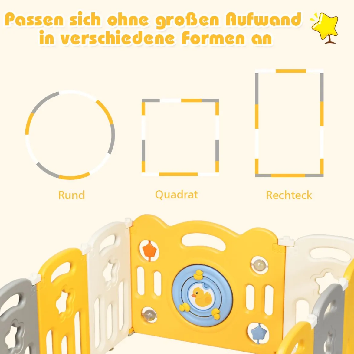 14 Paneele Laufgitter Baby Laufstall faltbar Absperrgitter mit Tür und Spielzeugboard Krabbelgitter Gelb