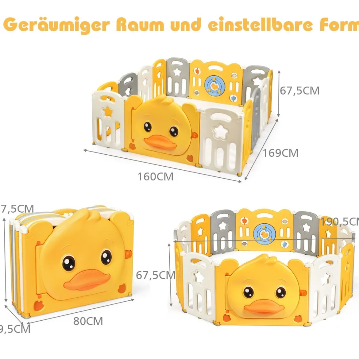 14 Paneele Laufgitter Baby Laufstall faltbar Absperrgitter mit Tür und Spielzeugboard Krabbelgitter Gelb