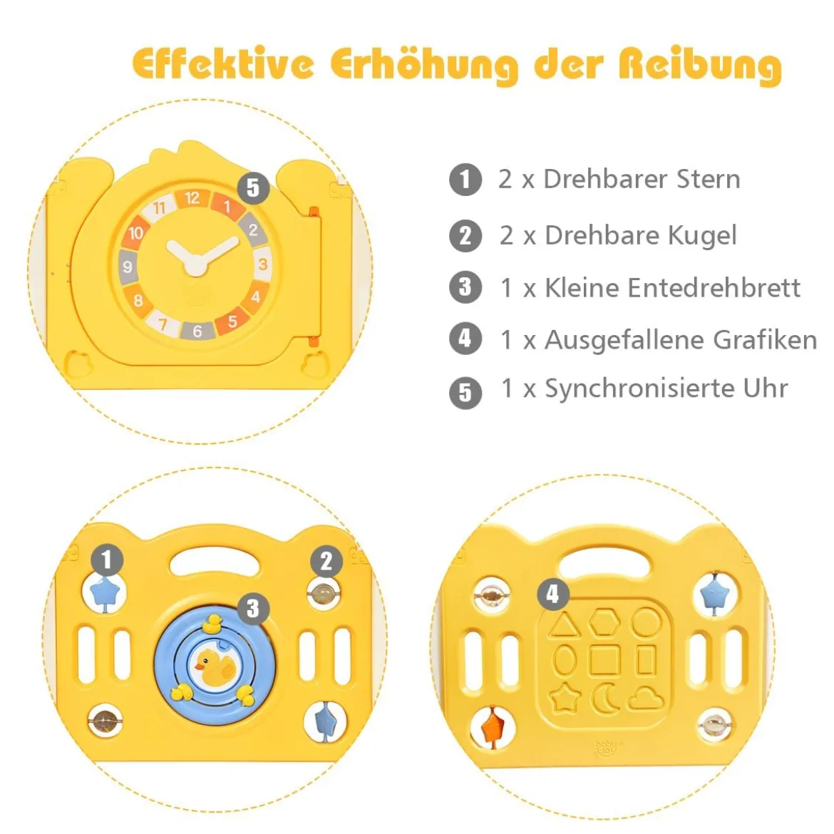 14 Paneele Laufgitter Baby Laufstall faltbar Absperrgitter mit Tür und Spielzeugboard Krabbelgitter Gelb
