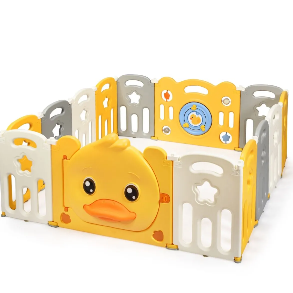 14 Paneele Laufgitter Baby Laufstall faltbar Absperrgitter mit Tür und Spielzeugboard Krabbelgitter Gelb