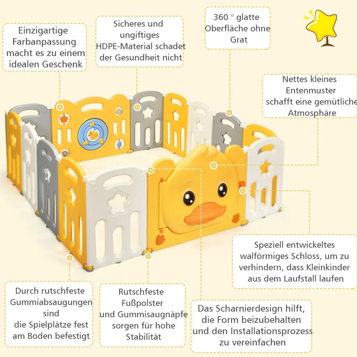 14 Paneele Laufgitter Baby Laufstall faltbar Absperrgitter mit Tür und Spielzeugboard Krabbelgitter Gelb