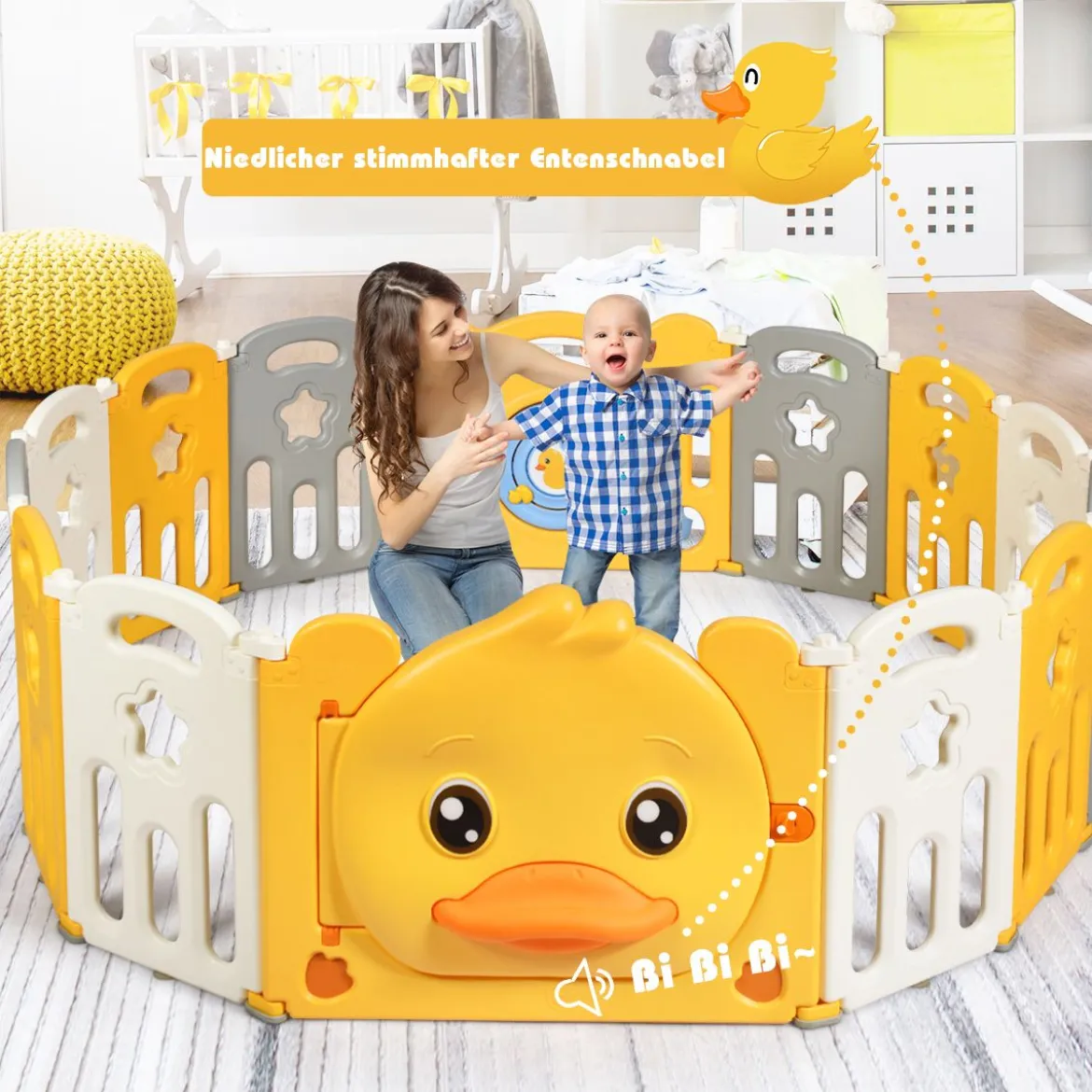 14 Paneele Laufgitter Baby Laufstall faltbar Absperrgitter mit Tür und Spielzeugboard Krabbelgitter Gelb