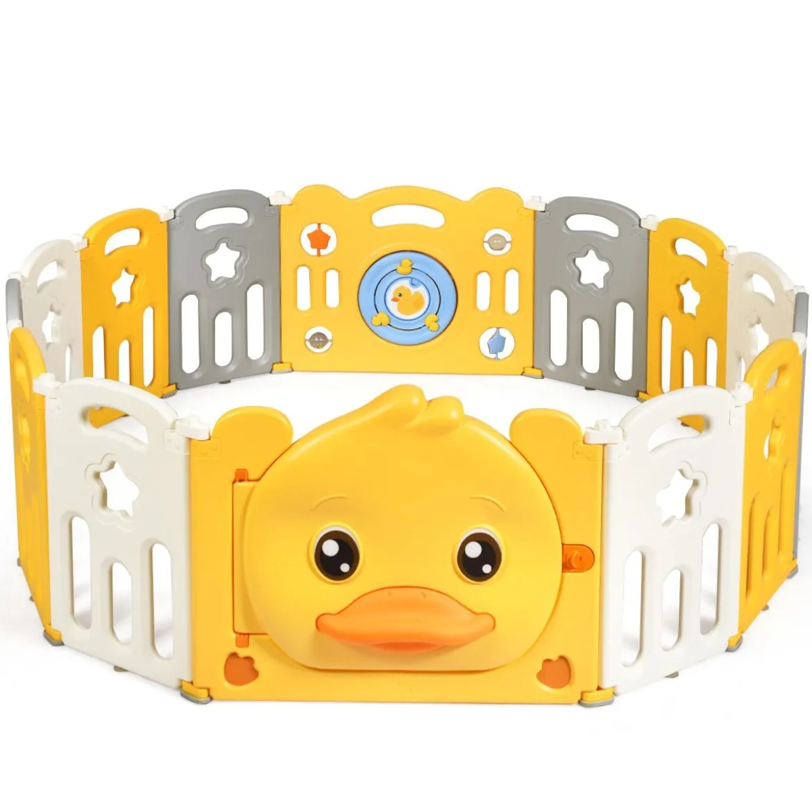 14 Paneele Laufgitter Baby Laufstall faltbar Absperrgitter mit Tür und Spielzeugboard Krabbelgitter Gelb
