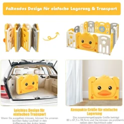 14 Paneele Laufgitter Baby Laufstall faltbar Absperrgitter mit Tür und Spielzeugboard Krabbelgitter Gelb