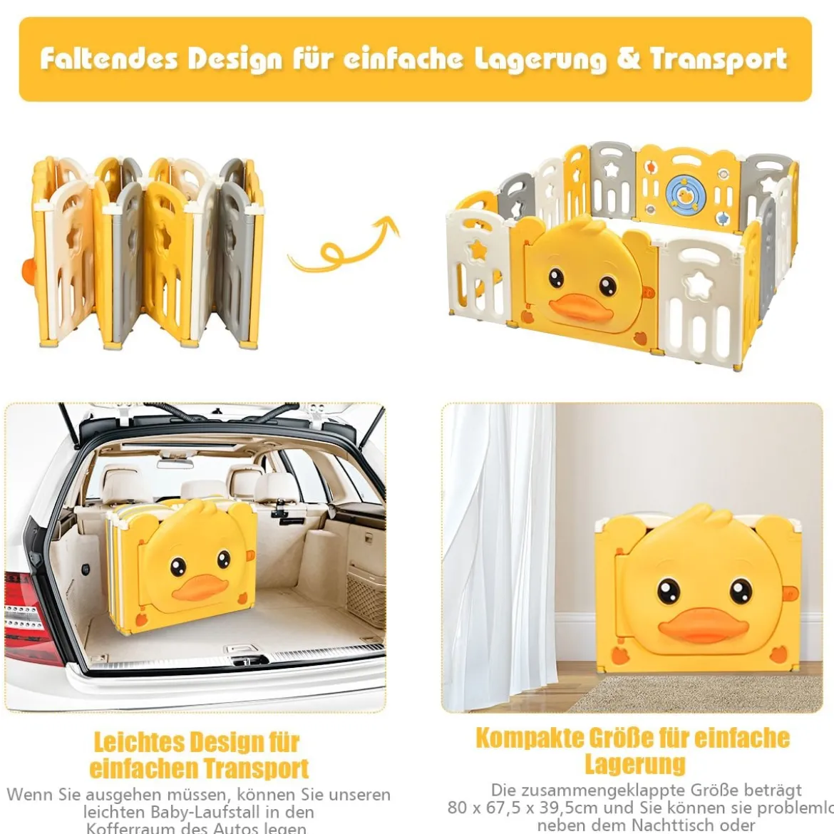 14 Paneele Laufgitter Baby Laufstall faltbar Absperrgitter mit Tür und Spielzeugboard Krabbelgitter Gelb