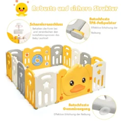 14 Paneele Laufgitter Baby Laufstall faltbar Absperrgitter mit Tür und Spielzeugboard Krabbelgitter Gelb