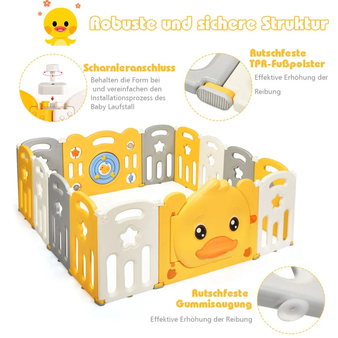 14 Paneele Laufgitter Baby Laufstall faltbar Absperrgitter mit Tür und Spielzeugboard Krabbelgitter Gelb