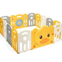 14 Paneele Laufgitter Baby Laufstall faltbar Absperrgitter mit Tür und Spielzeugboard Krabbelgitter Gelb