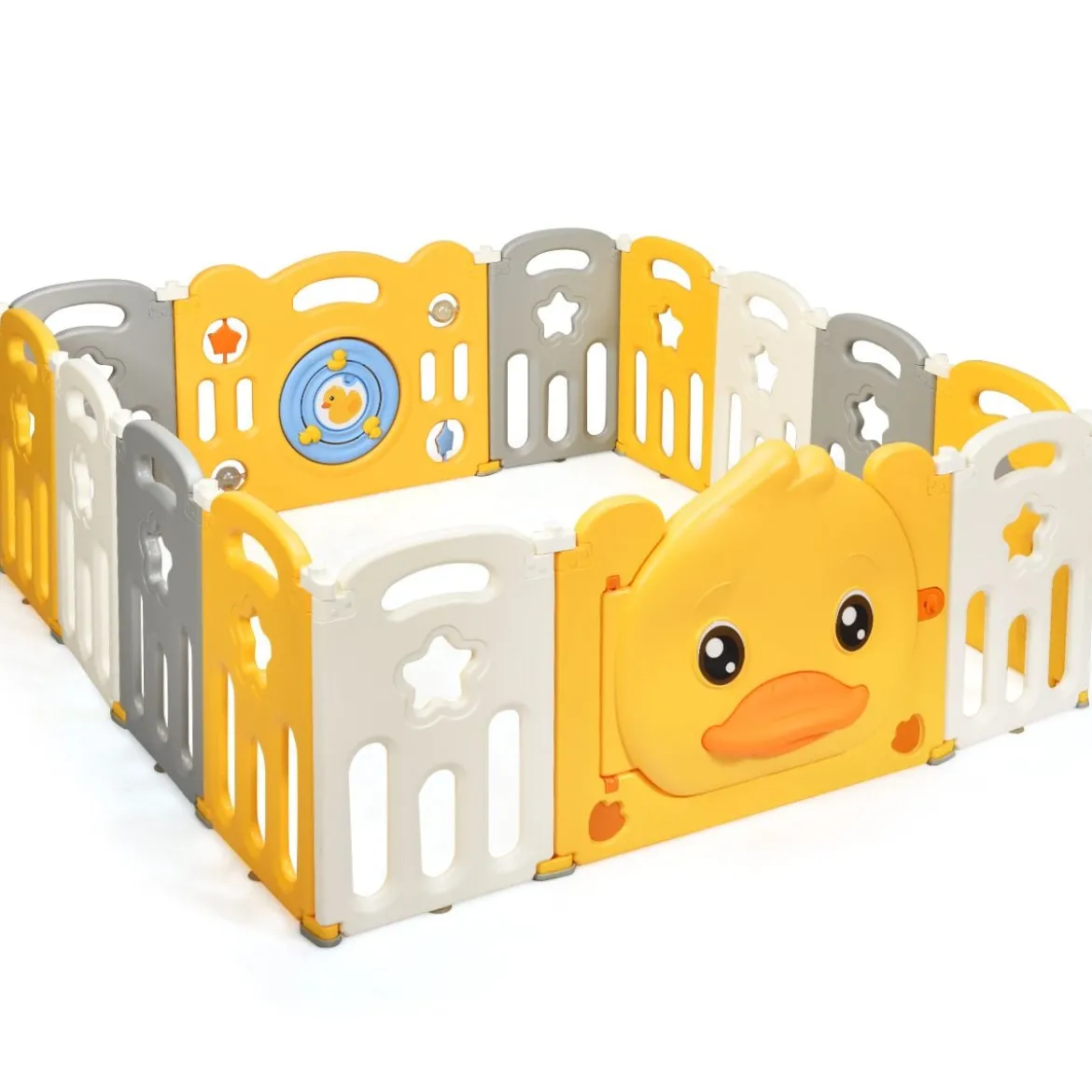 14 Paneele Laufgitter Baby Laufstall faltbar Absperrgitter mit Tür und Spielzeugboard Krabbelgitter Gelb