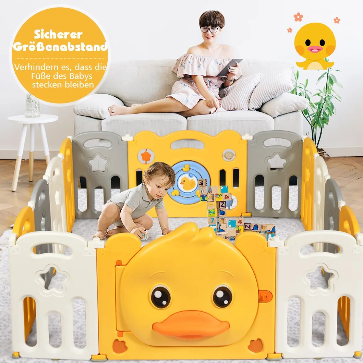 14 Paneele Laufgitter Baby Laufstall faltbar Absperrgitter mit Tür und Spielzeugboard Krabbelgitter Gelb