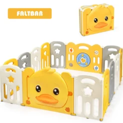 14 Paneele Laufgitter Baby Laufstall faltbar Absperrgitter mit Tür und Spielzeugboard Krabbelgitter Gelb