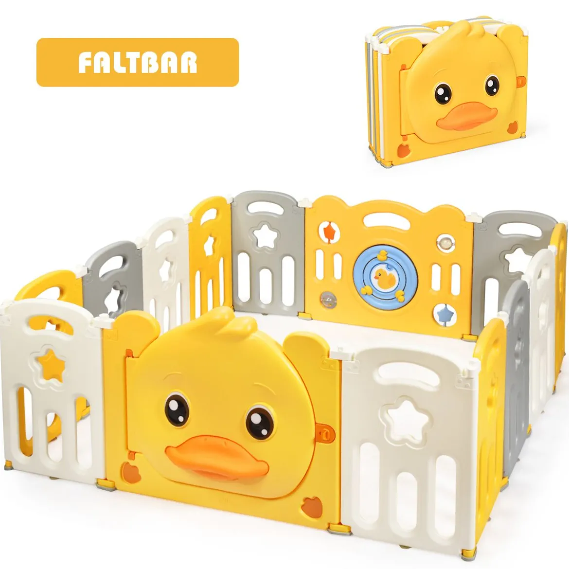 14 Paneele Laufgitter Baby Laufstall faltbar Absperrgitter mit Tür und Spielzeugboard Krabbelgitter Gelb