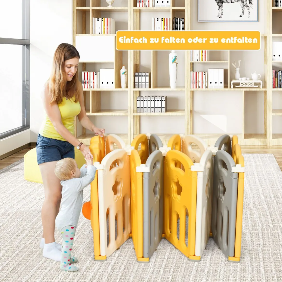 14 Paneele Laufgitter Baby Laufstall faltbar Absperrgitter mit Tür und Spielzeugboard Krabbelgitter Gelb