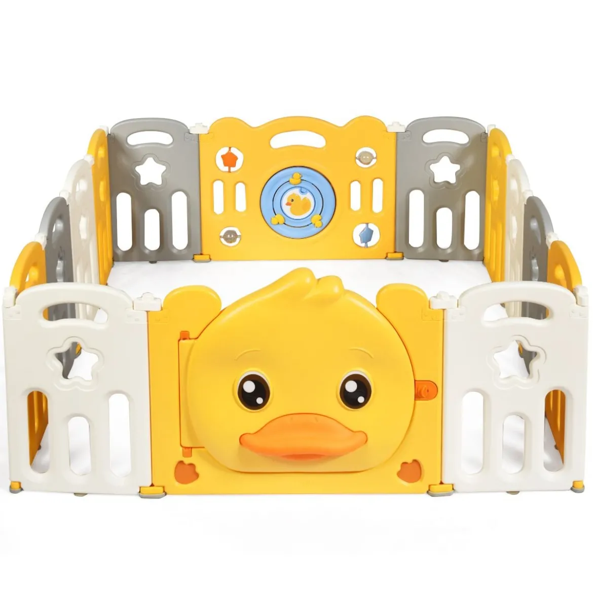 14 Paneele Laufgitter Baby Laufstall faltbar Absperrgitter mit Tür und Spielzeugboard Krabbelgitter Gelb