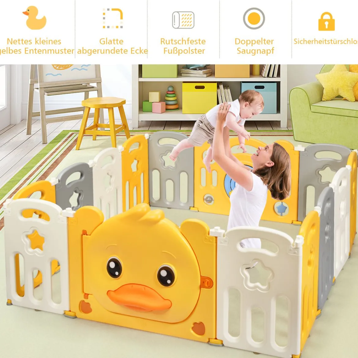 14 Paneele Laufgitter Baby Laufstall faltbar Absperrgitter mit Tür und Spielzeugboard Krabbelgitter Gelb