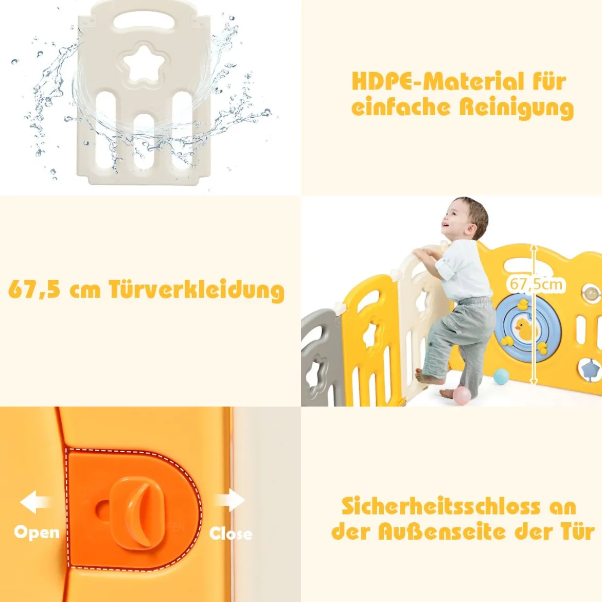 14 Paneele Laufgitter Baby Laufstall faltbar Absperrgitter mit Tür und Spielzeugboard Krabbelgitter Gelb