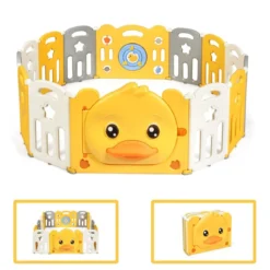 14 Paneele Laufgitter Baby Laufstall faltbar Absperrgitter mit Tür und Spielzeugboard Krabbelgitter Gelb