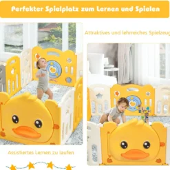 14 Paneele Laufgitter Baby Laufstall faltbar Absperrgitter mit Tür und Spielzeugboard Krabbelgitter Gelb