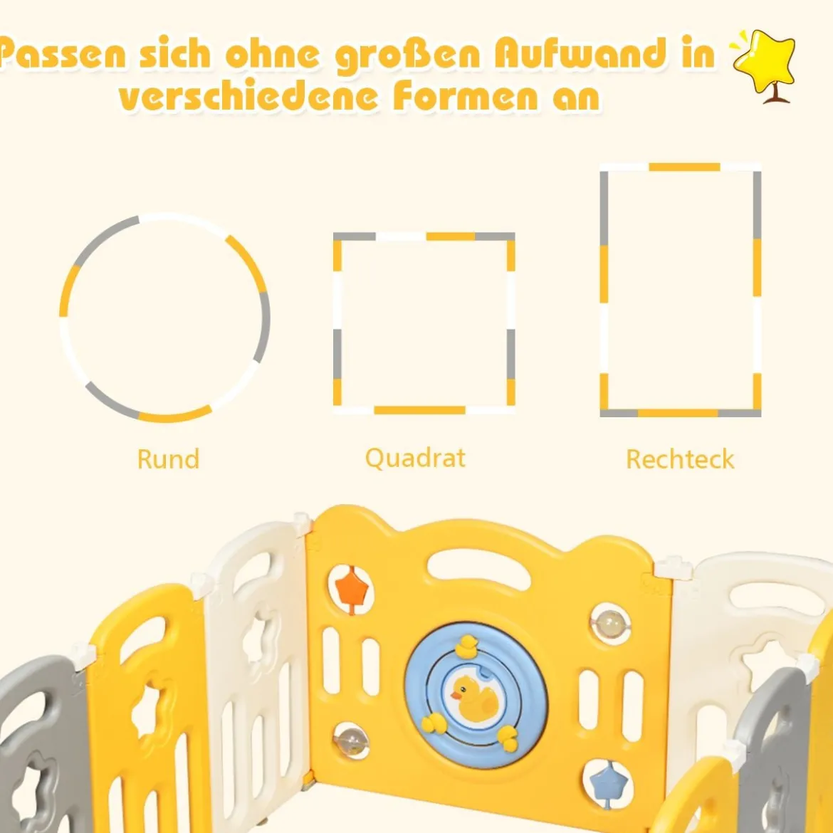 12 Paneele Laufgitter Baby Laufstall faltbar Absperrgitter mit Tür und Spielzeugboard Krabbelgitter Gelb
