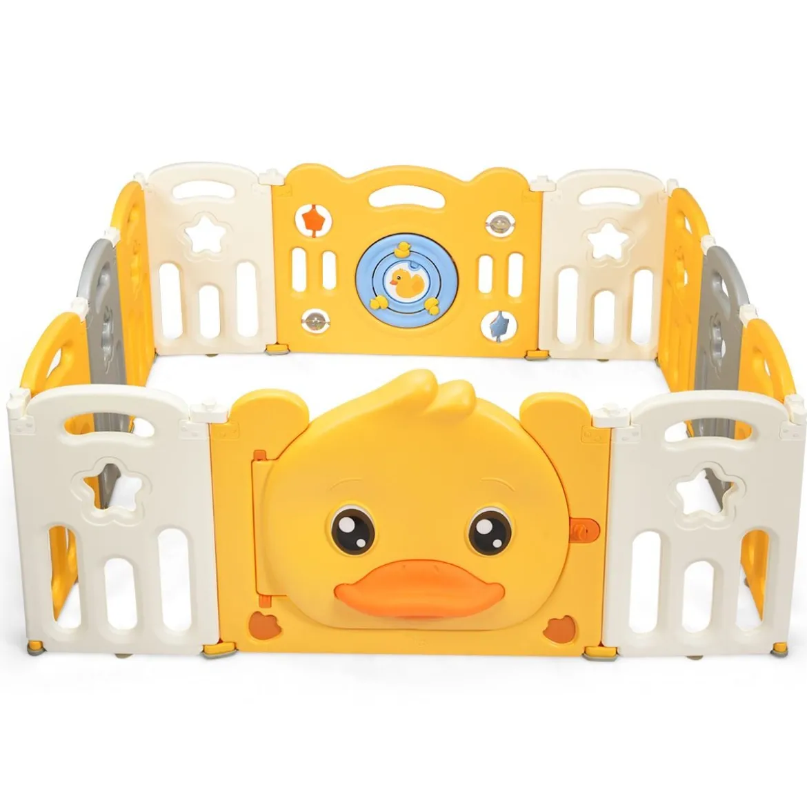 12 Paneele Laufgitter Baby Laufstall faltbar Absperrgitter mit Tür und Spielzeugboard Krabbelgitter Gelb
