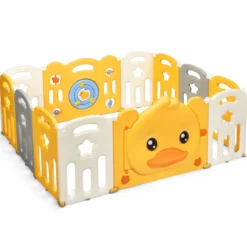 12 Paneele Laufgitter Baby Laufstall faltbar Absperrgitter mit Tür und Spielzeugboard Krabbelgitter Gelb