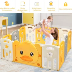 12 Paneele Laufgitter Baby Laufstall faltbar Absperrgitter mit Tür und Spielzeugboard Krabbelgitter Gelb
